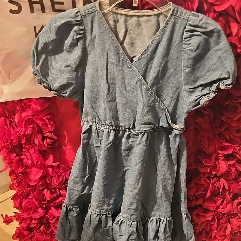 Shein NWT Girls Blue Denim Dress with Puff Sleeves Size 8 Years